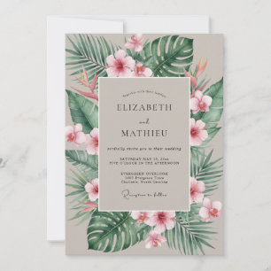 Coral Hibiscus Tropical Eucalyptus Wedding Invitation