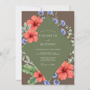 Coral Hibiscus Tropical Muted Eucalyptus Wedding Invitation