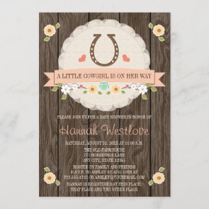 CORAL HORSESHOE WESTERN COWGIRL BABY SHOWER INVITATION
