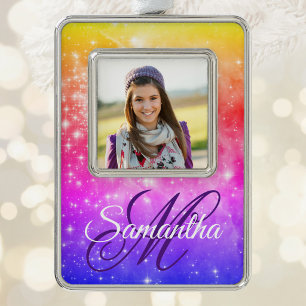 Coral Hot Pink and Purple Celestial Ombre Monogram Silver Plated Framed Ornament