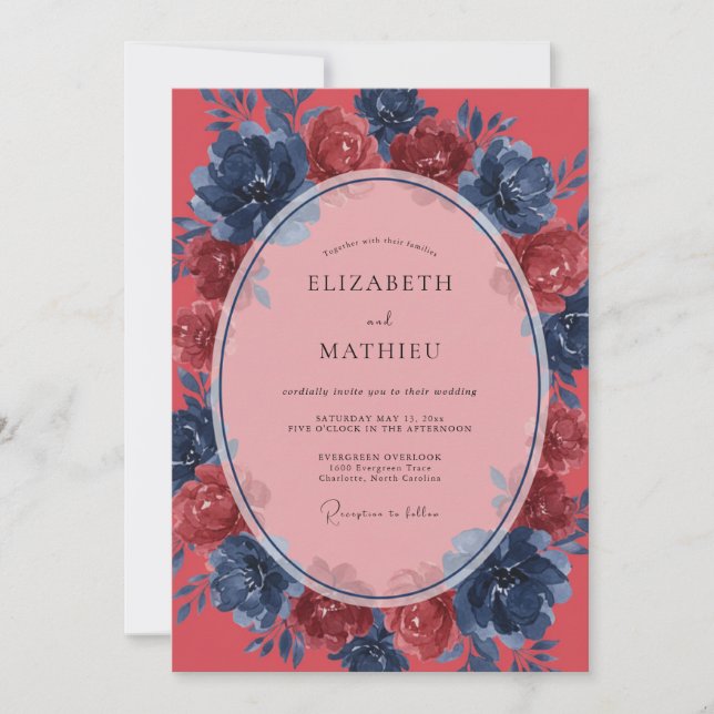 Coral Indigo Painted Wedding Invitation (Front)