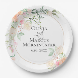Coral Ivory Watercolor Greenery and Floral Blooms Paper Plate