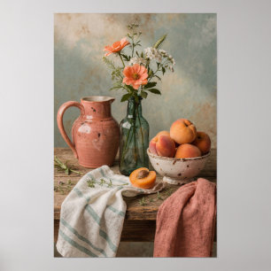 Coral Jug and Apricots on a Table Poster