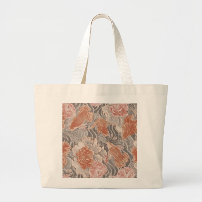 Coral Koi Chinoiserie Floral Pattern Large Tote Bag (Front)