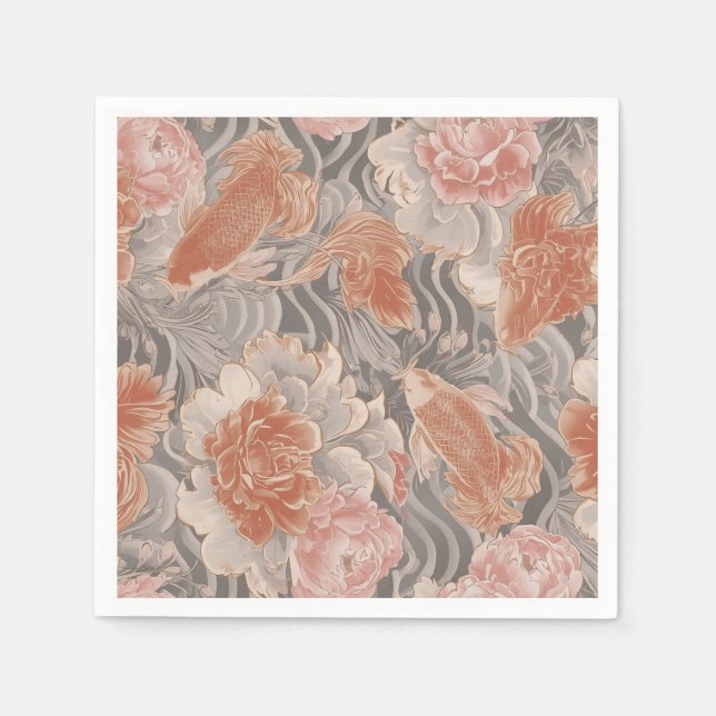 Coral Koi Chinoiserie Floral Pattern Napkin (Front)