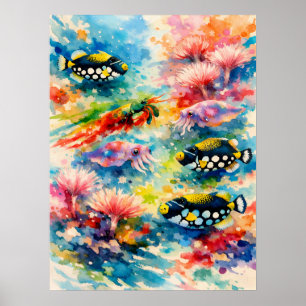 Coral Lagoon Wildlife Watercolor Art Poster