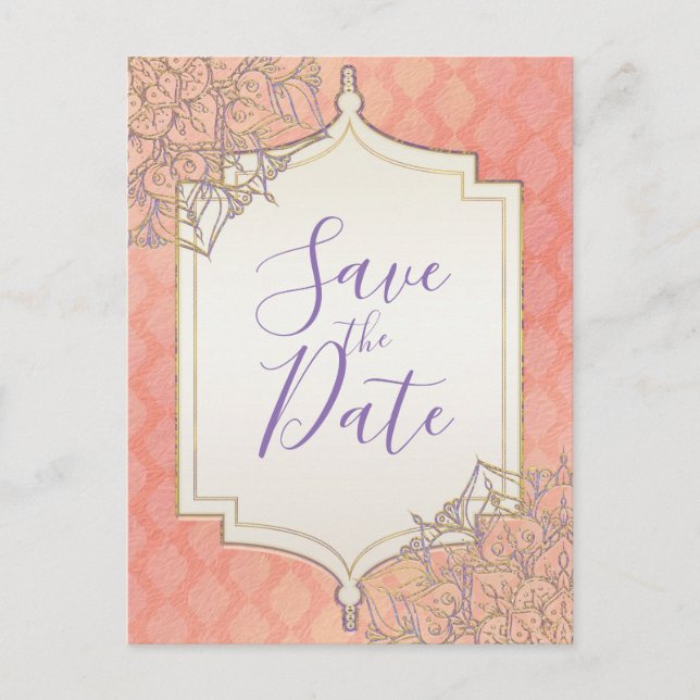 Coral Lavender Gold Moroccan Glam Save the Date Announcement Postcard (Front)