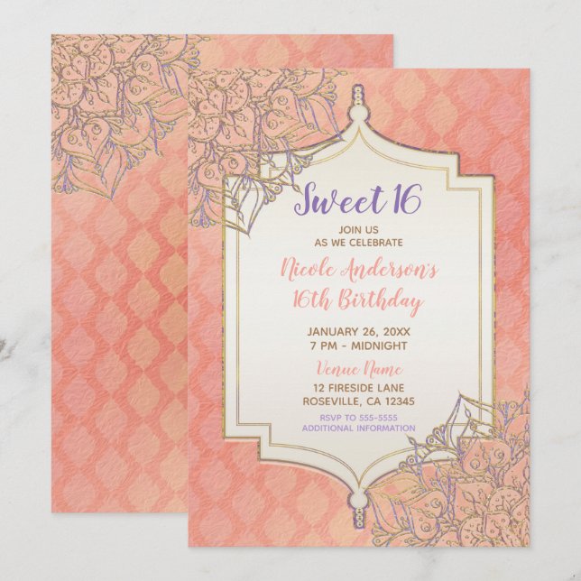 Coral Lavender Gold Moroccan Glam Sweet 16 Party Invitation (Front/Back)