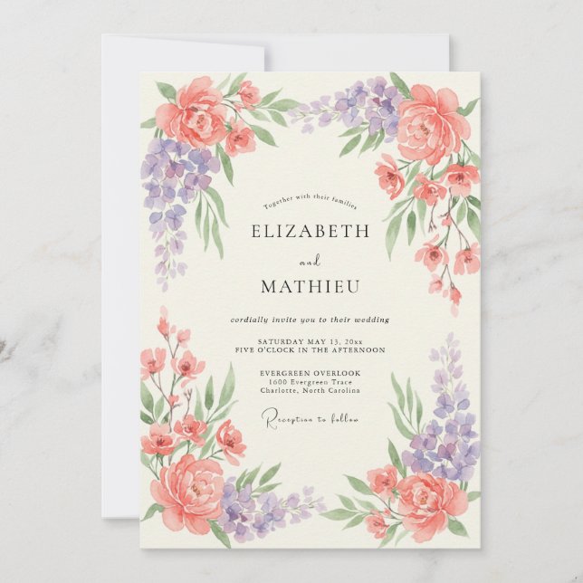Coral Lavender Graceful Spring Wedding Invitation (Front)