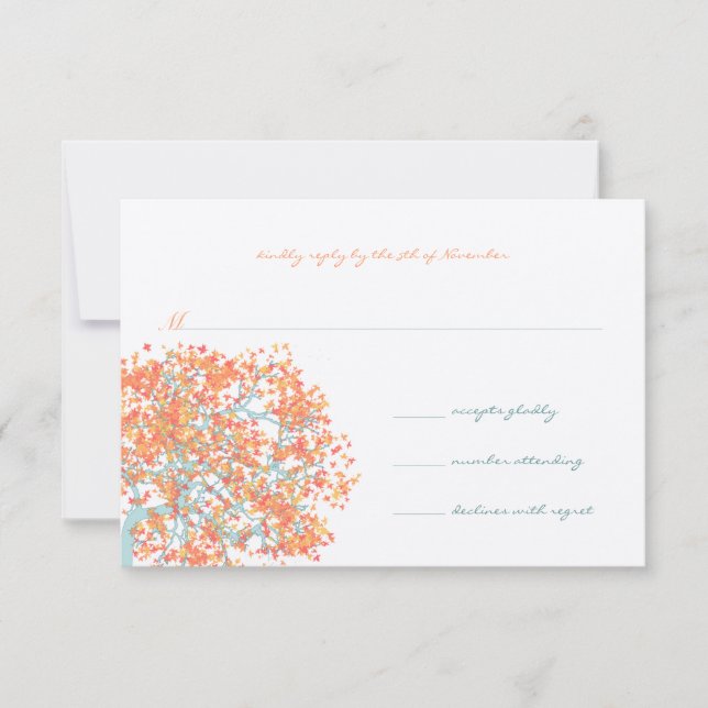 Coral Leaves Aqua Blue Tree  Wedding RSVP Card (Front)