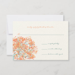 Coral Leaves Aqua Blue Tree  Wedding RSVP Card