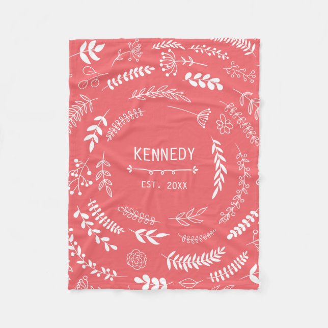 Coral Leaves Floral Monogram Pattern Fleece Blanket (Front)