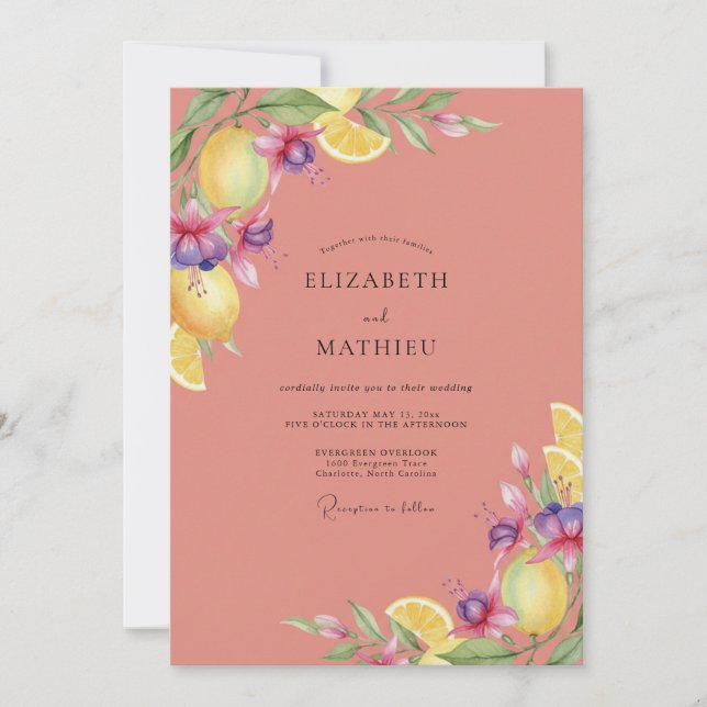 Coral Lemon Citrus Eucalyptus Wedding Invitation (Front)