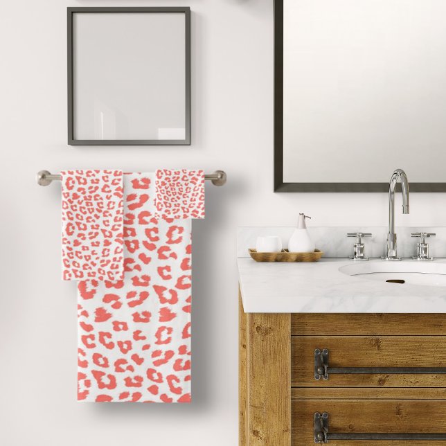 Coral Leopard Print Bath Towel Set (Living Coral Leopard Print Bath Towel by Looly Elzayat)