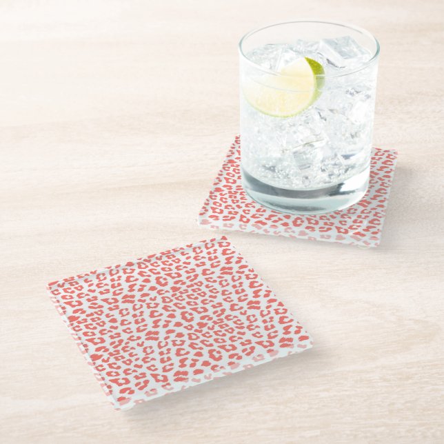 Coral Leopard Print Glass Coaster (Angled)