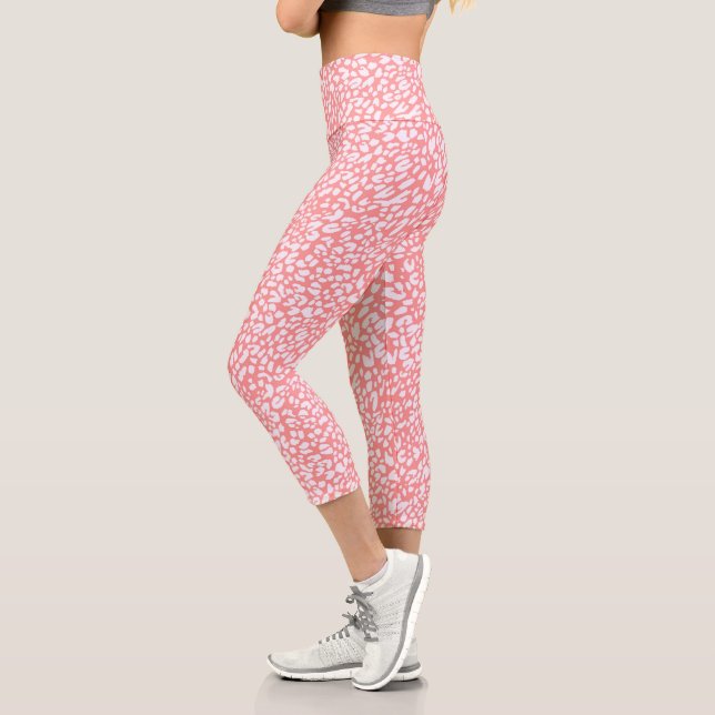Coral Leopard Print Pattern Capri Leggings (Left)