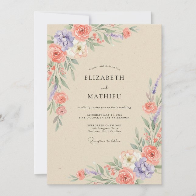 Coral Lilac Peony Wedding Invitation (Front)
