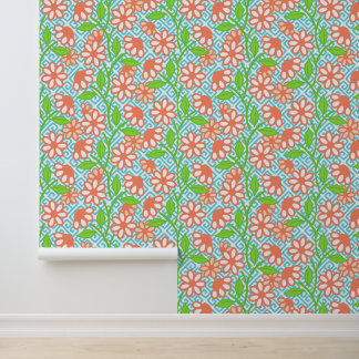 Coral Lime & Aqua Maximalist Floral Greek Key Wallpaper