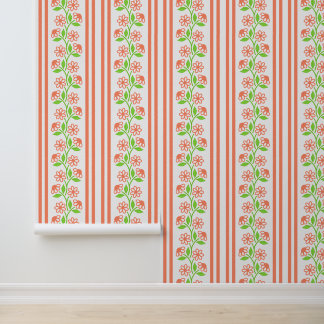 Coral & Lime Floral Column Stripe Wallpaper
