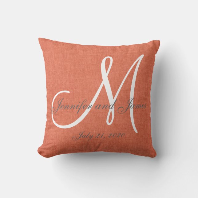 Coral Linen Grey White Monogram Wedding Keepsake Cushion (Front)