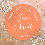 Coral Love Is Sweet Wedding Favor  Classic Round Sticker<br><div class="desc">Coral wedding favor love is sweet classic round sticker. Designed by Thisisnotme©</div>
