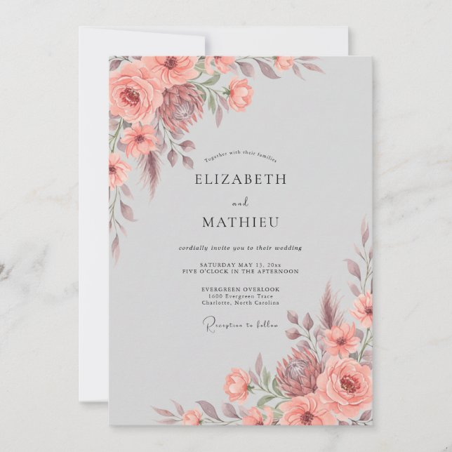 Coral Lush Botanical Wedding Invitation (Front)