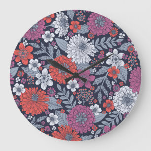 Coral, Magenta & Blue Zinnias Floral Large Clock