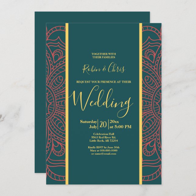 Coral Mandala & Dark Teal Elegant Wedding (Front/Back)