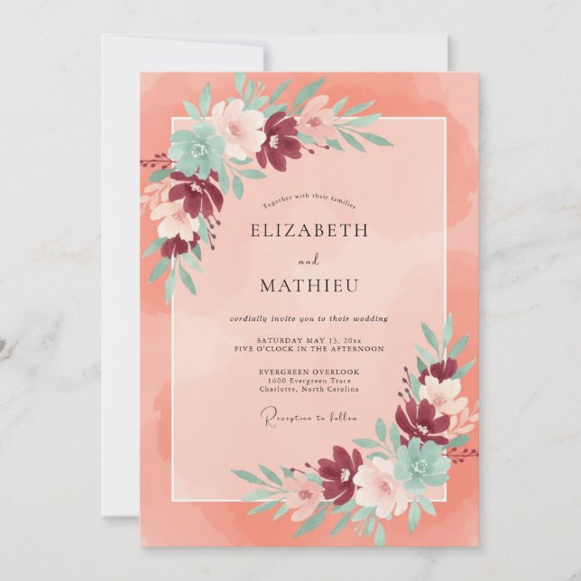 Coral Maroon Peony Wedding Invitation (Front)