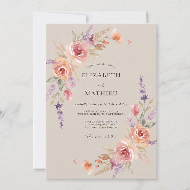 Coral Mauve Peony Wedding Invitation (Front)