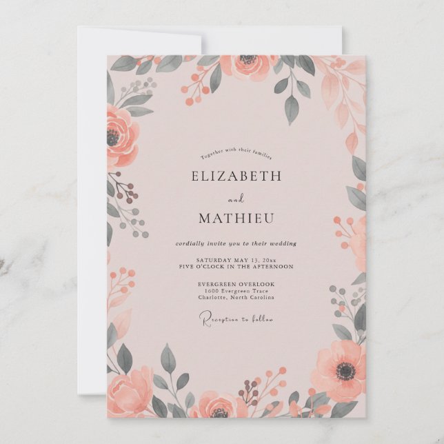 Coral Mauve Wildflower Wedding Invitation (Front)