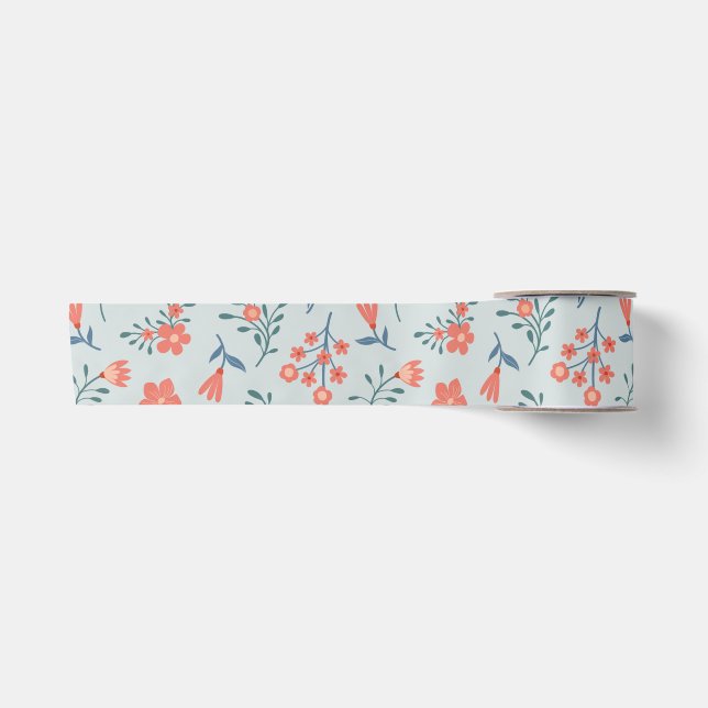 Coral Meadow Floral Pattern Satin Ribbon (Front)