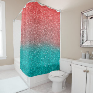 Coral Melon Orange Teal Aqua Green Sparkly Glitter Shower Curtain