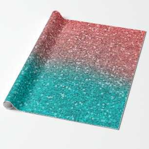 Coral Melon Orange Teal Aqua Green Sparkly Glitter Wrapping Paper