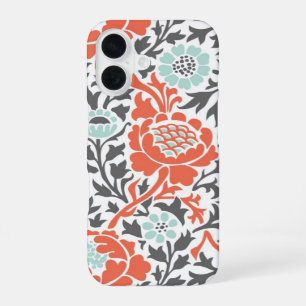 Coral Mint and Grey Retro Floral Damask iPhone 16 Case
