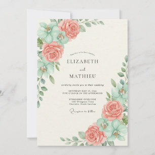Coral Mint Botanical Bloom Wedding Invitation