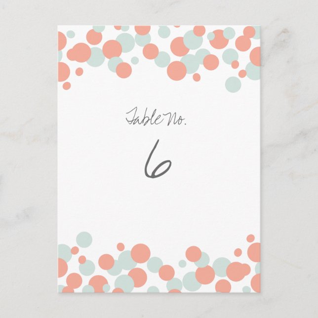Coral & Mint Bubbles Confetti Table Number Cards (Front)
