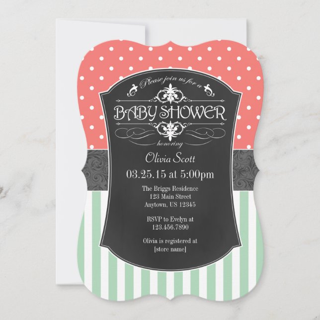 Coral Mint Chalkboard Stripes Baby Shower Invite (Front)