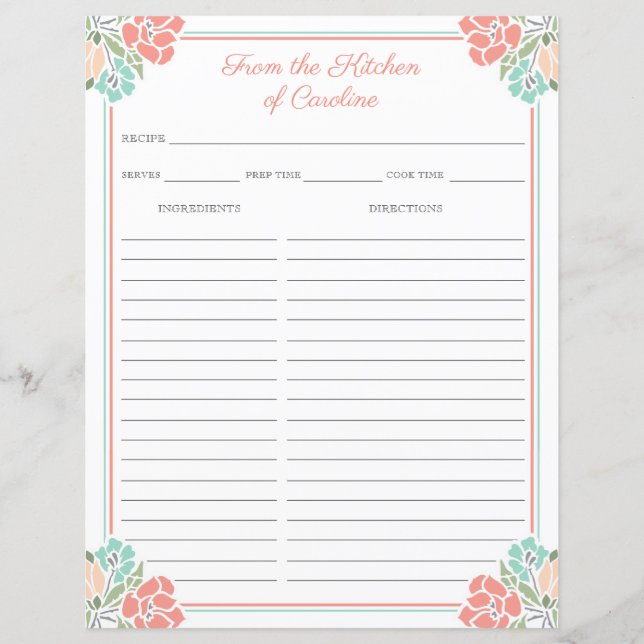 Coral & Mint Floral Cookbook Binder Recipe Sheets (Front)