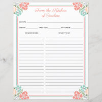 Coral & Mint Floral Cookbook Binder Recipe Sheets