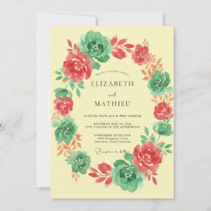 Coral Mint Floral Garland Wedding Invitation