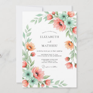 Coral Mint Floral Romance Wedding Invitation