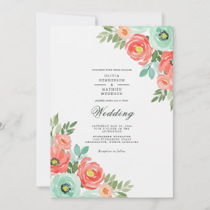 Coral Mint Lush Floral Wedding Invitation