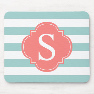 Coral Mint Stripes Monogram Mouse Pad