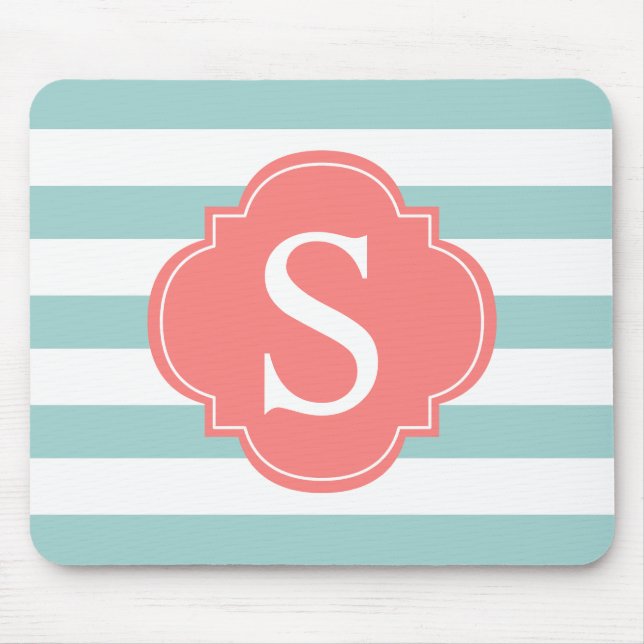 Coral Mint Stripes Monogram Mouse Pad (Front)