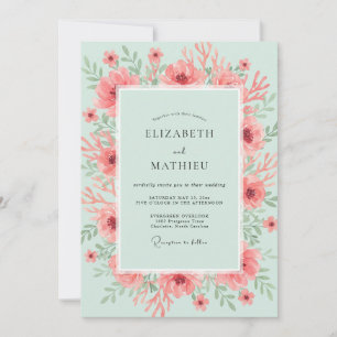 Coral Mint Watercolor Floral Wedding Invitation