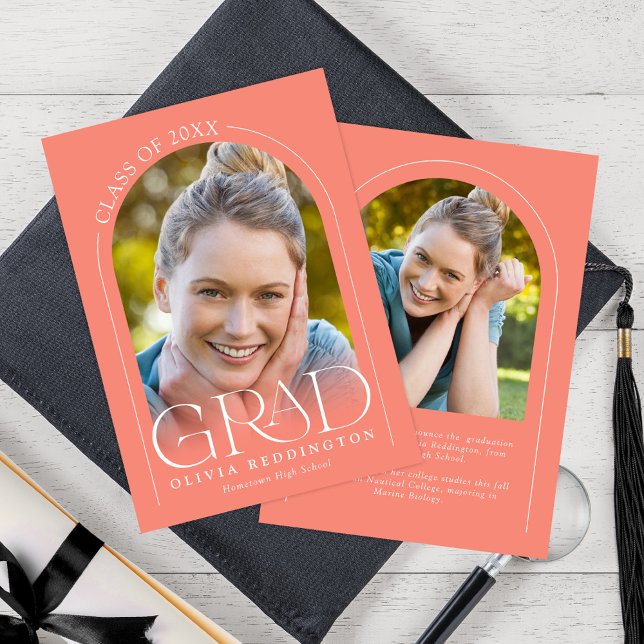 Coral Modern Minimal 2 Photo Arch Graduation Announcement (Creator Uploaded)