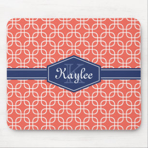 Coral Modern Square Pattern Blue Label Mouse Pad