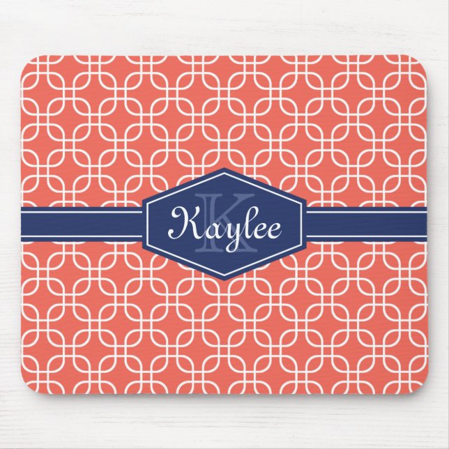 Coral Modern Square Pattern Blue Label Mouse Pad (Front)