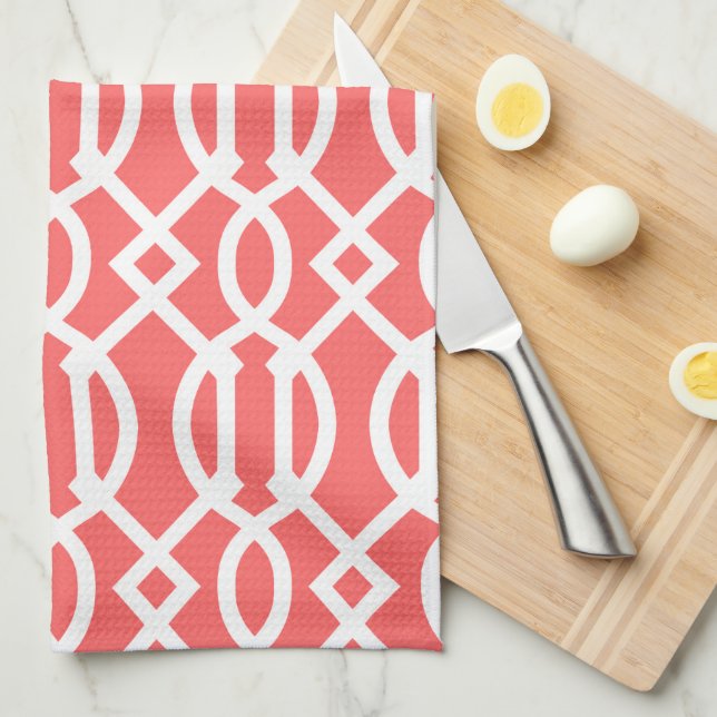 Coral Modern Trellis Pattern Tea Towel (Quarter Fold)